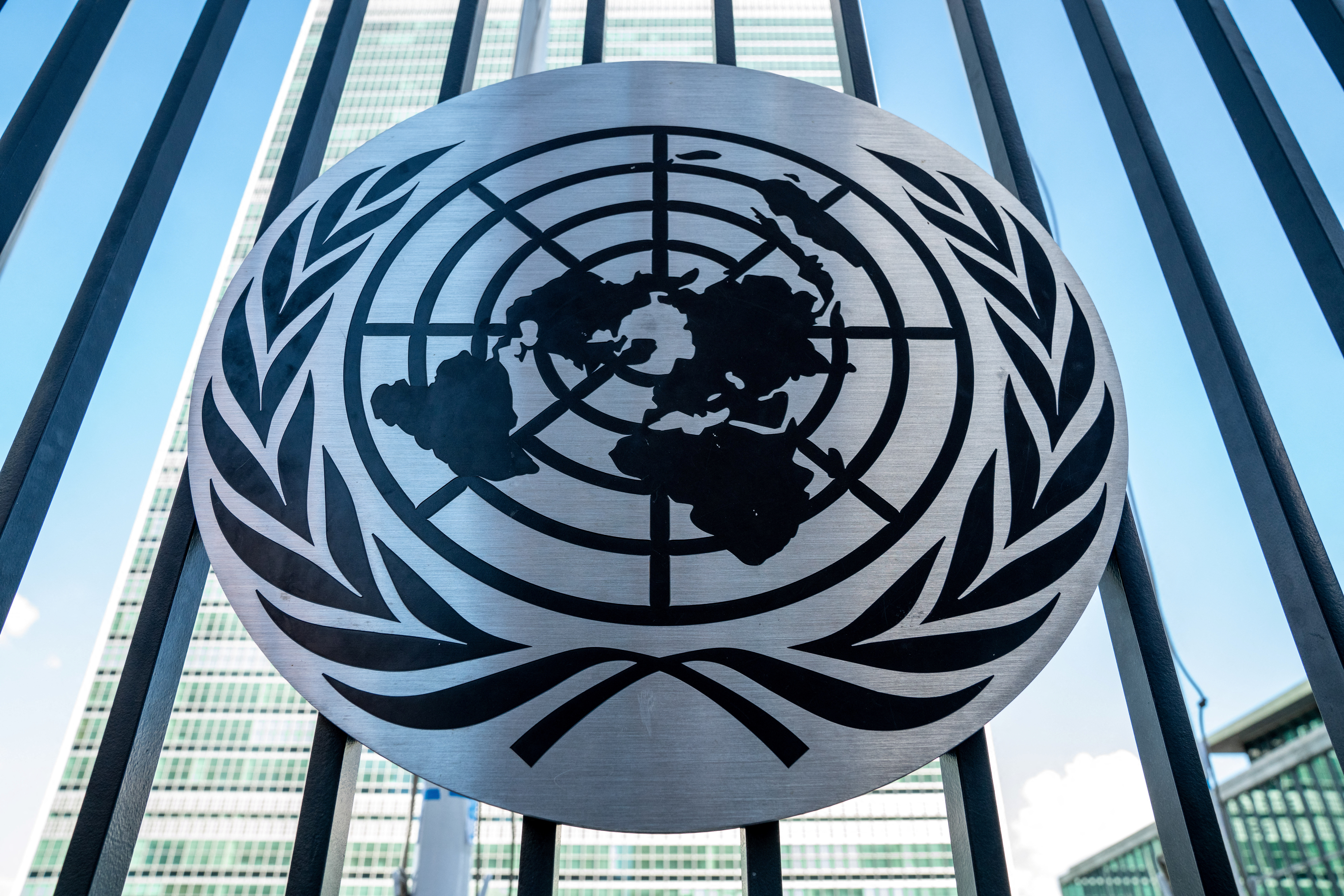 The official emblem of the United Nations at the United Nations Headquarters