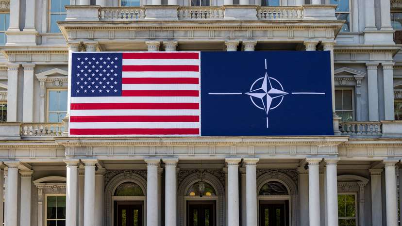 The U.S. flag alongside the NATO flag in Washington