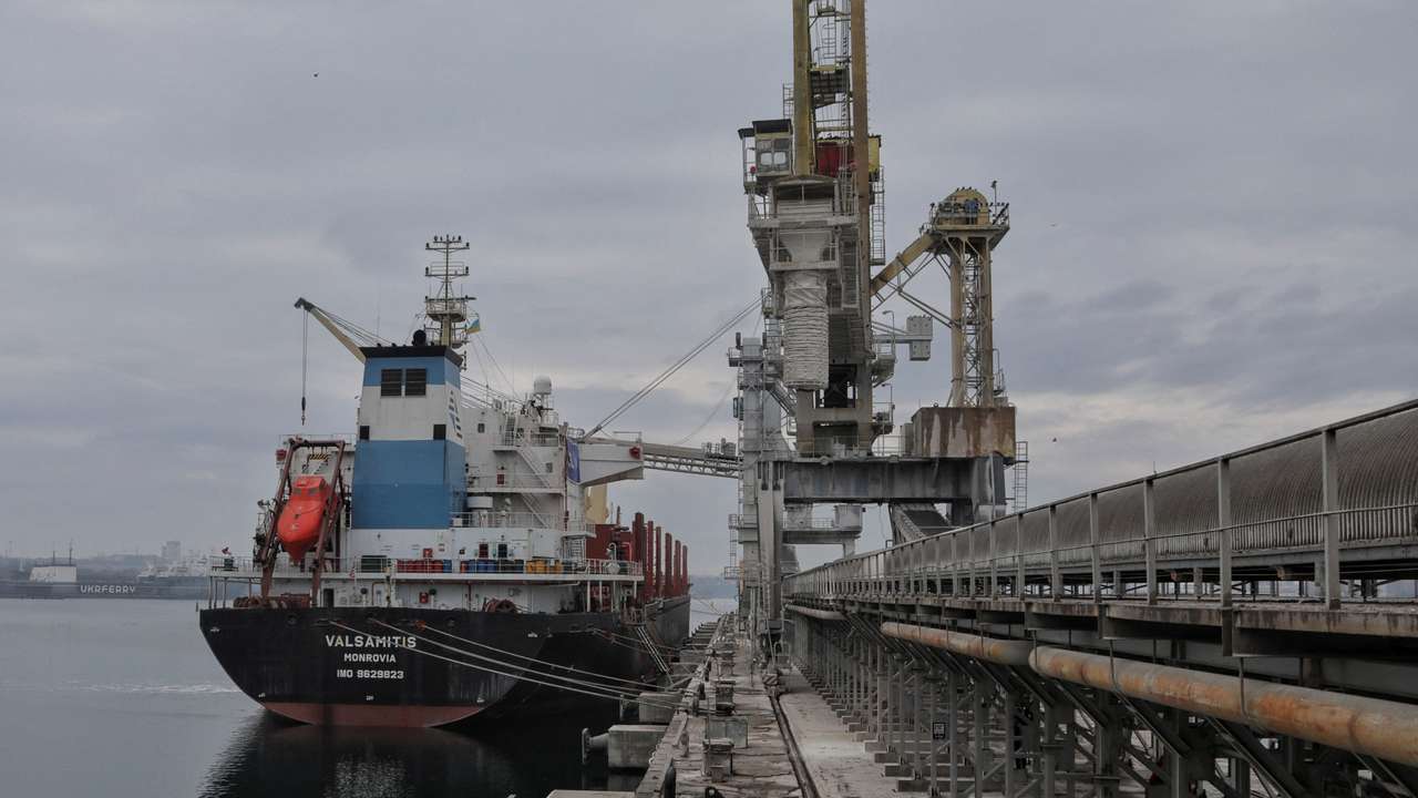 Liberian-flagged bulk carrier Valsamitis is seen in the sea port during loading with wheat for Kenya and Ethiopia in the town of Chornomorsk