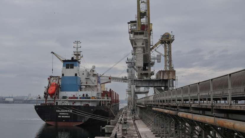 Liberian-flagged bulk carrier Valsamitis is seen in the sea port during loading with wheat for Kenya and Ethiopia in the town of Chornomorsk
