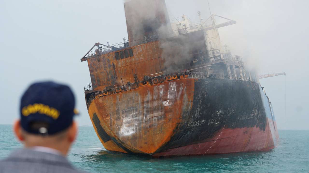 A foreign tanker carrying Iraqi fuel oil damaged after catching fire in Iraq's territorial waters, near Basra