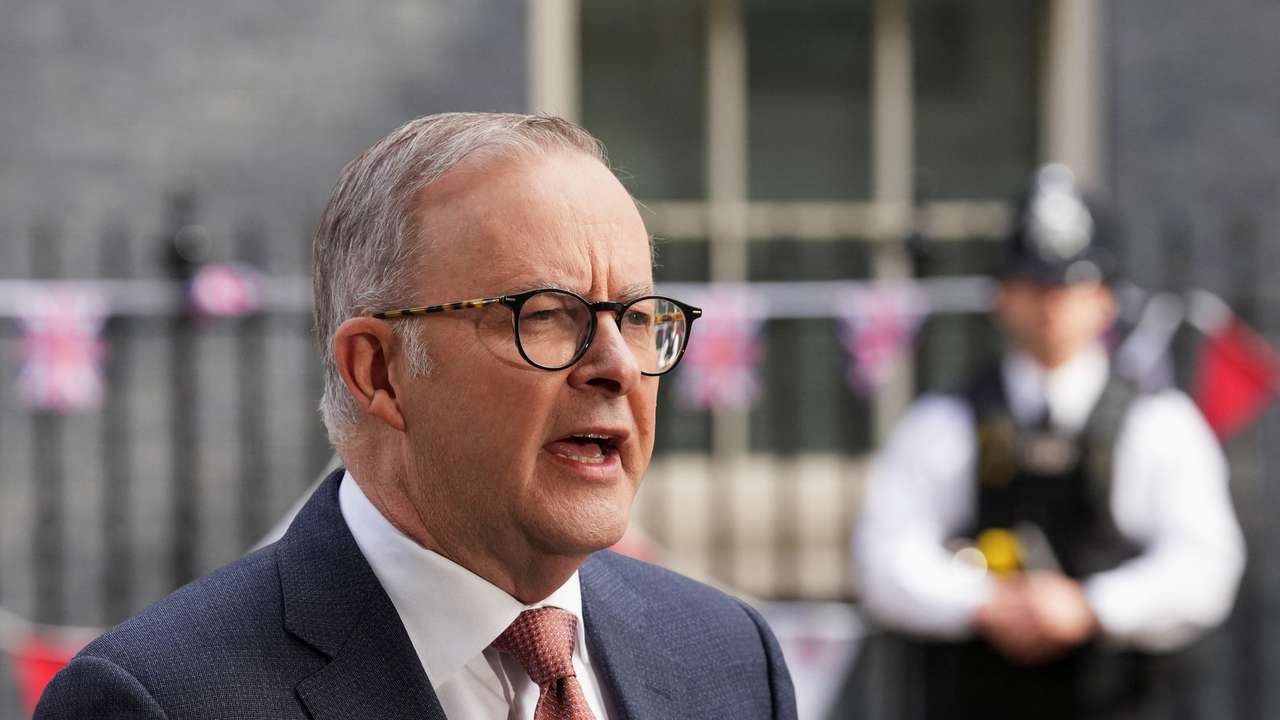 Australian Prime Minister Anthony Albanese speaks to the media at Downing Street in London