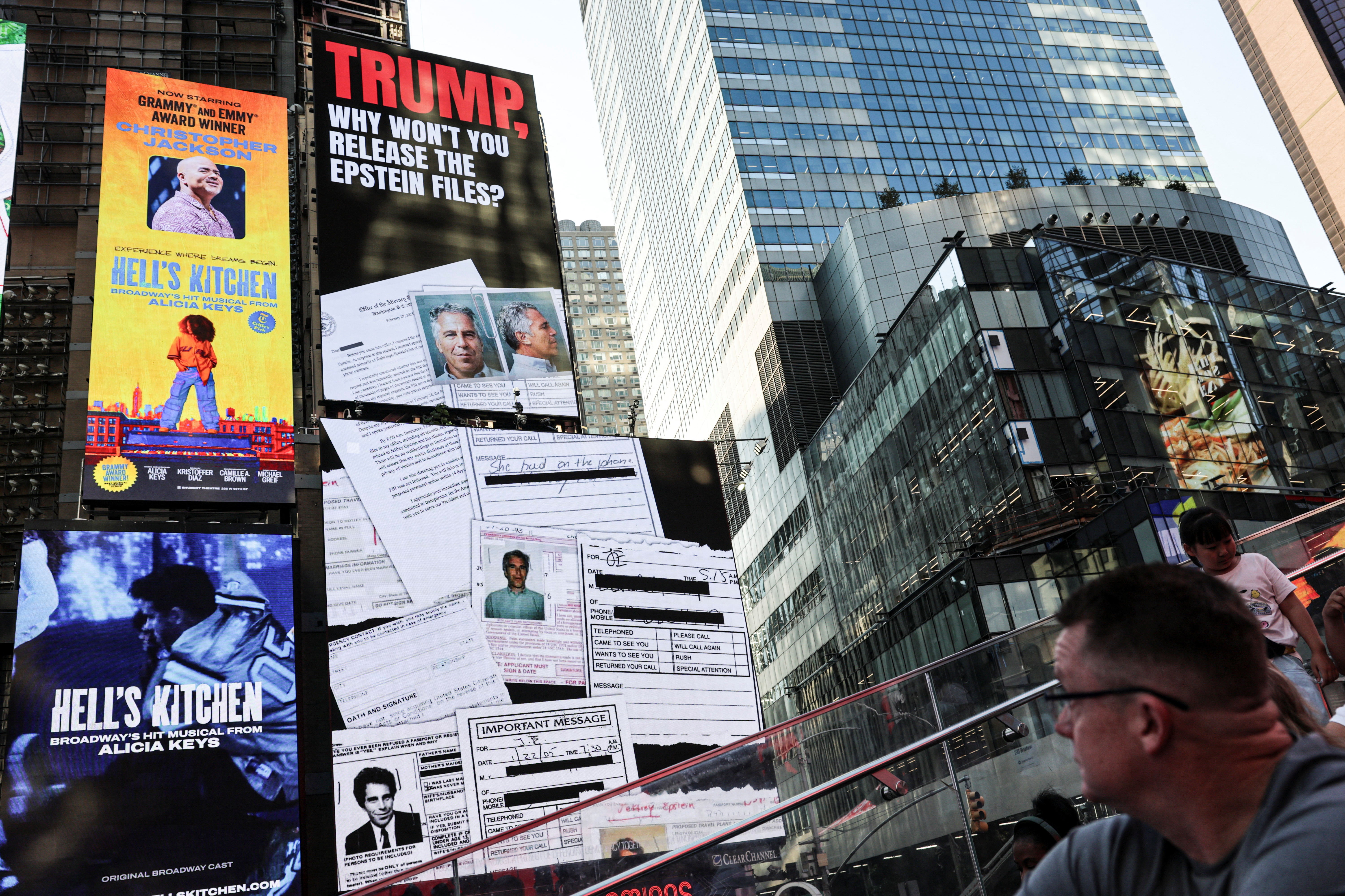 A screen about the Jeffrey Epstein files is displayed at Times Square in New York City