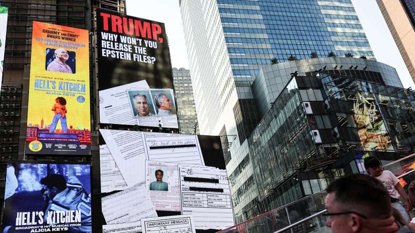 A screen about the Jeffrey Epstein files is displayed at Times Square in New York City