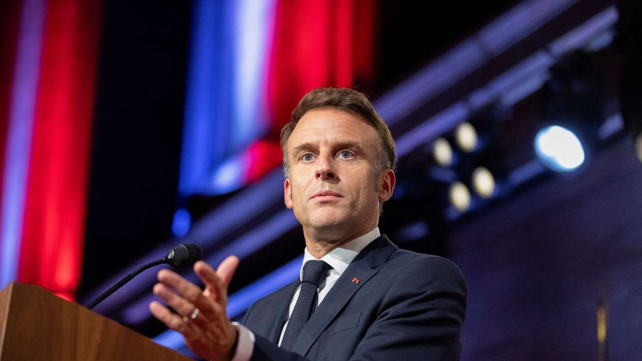 France's President Emmanuel Macron delivers a speech during a reception with Canada's Prime Minister Justin Trudeau in Montreal