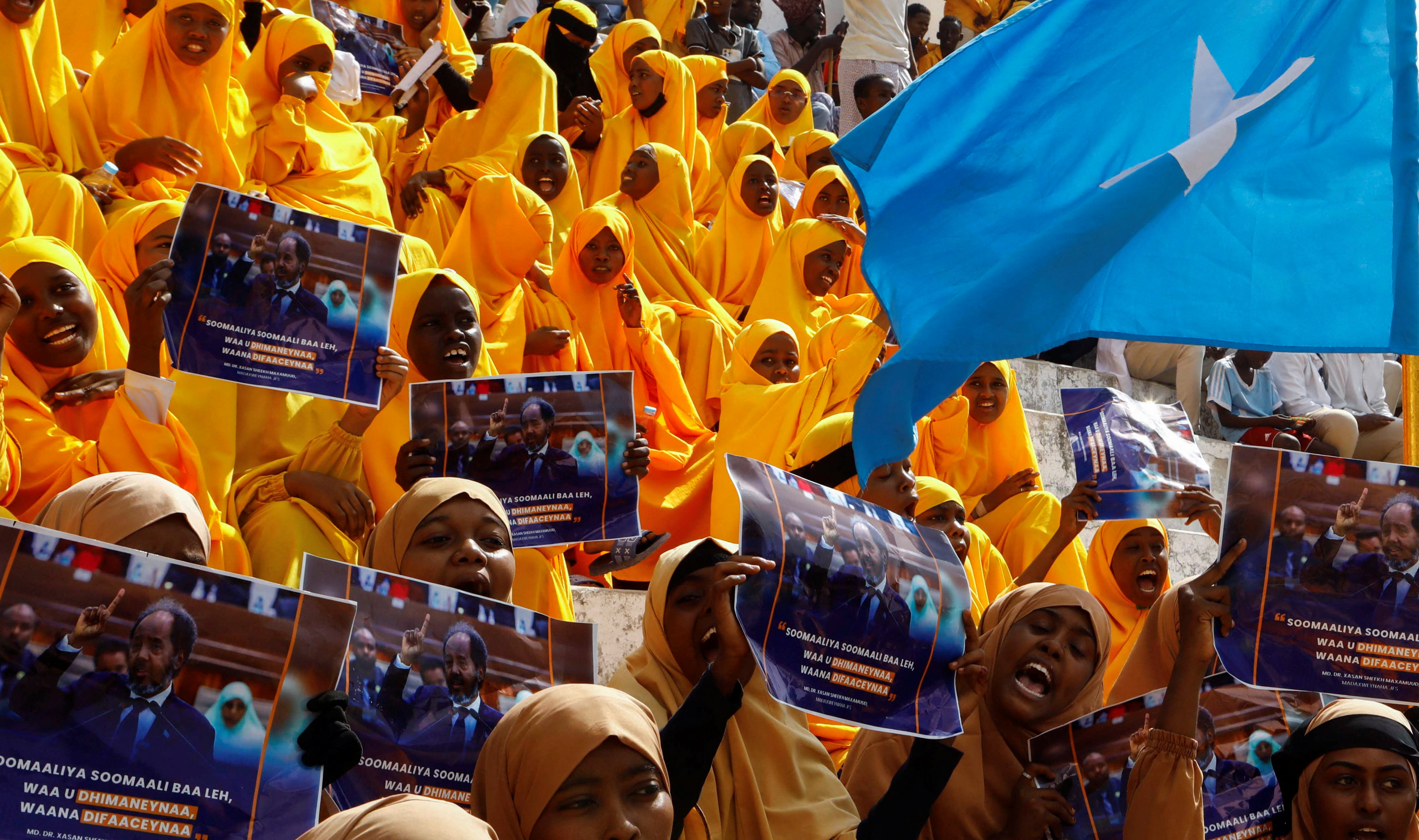 FILE PHOTO: Somali women gather to march against the Ethiopia-Somaliland port deal, in Mogadishu