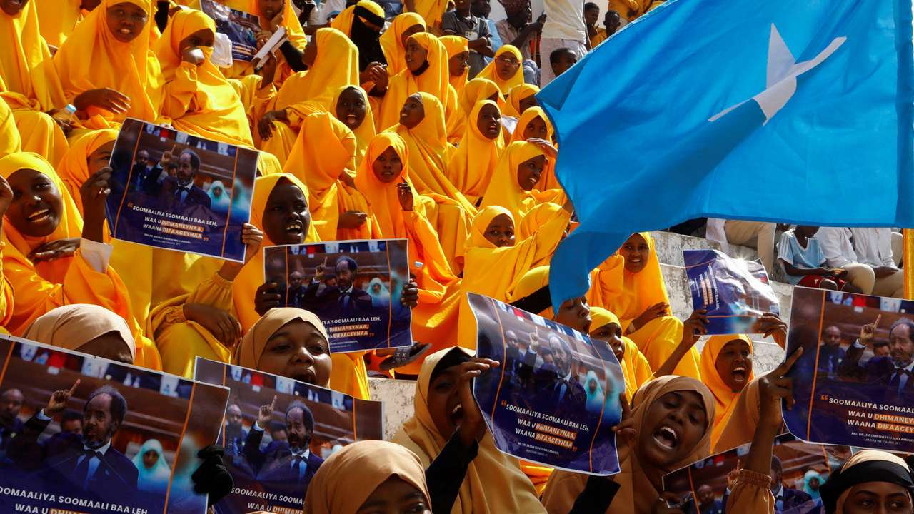 FILE PHOTO: Somali women gather to march against the Ethiopia-Somaliland port deal, in Mogadishu
