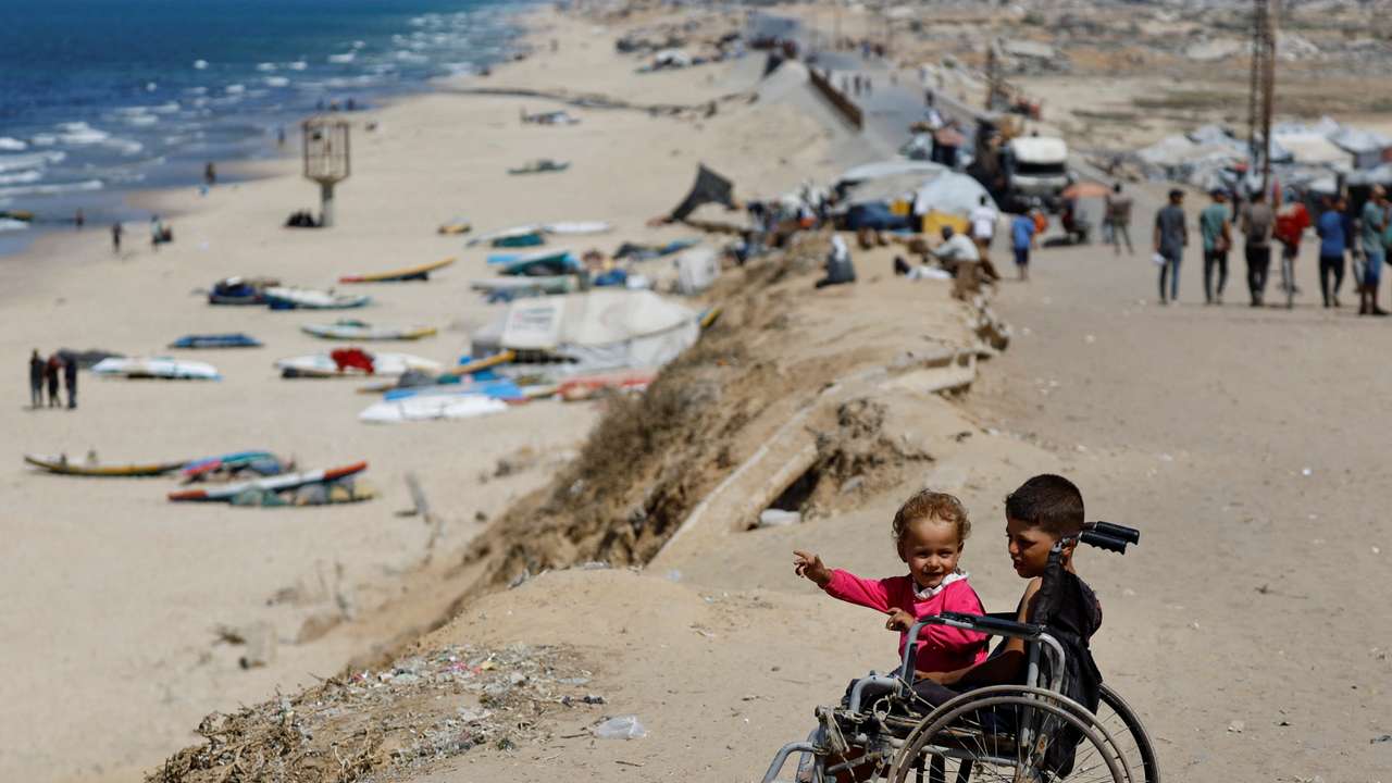 Displaced Palestinians shelter, in the central Gaza Strip
