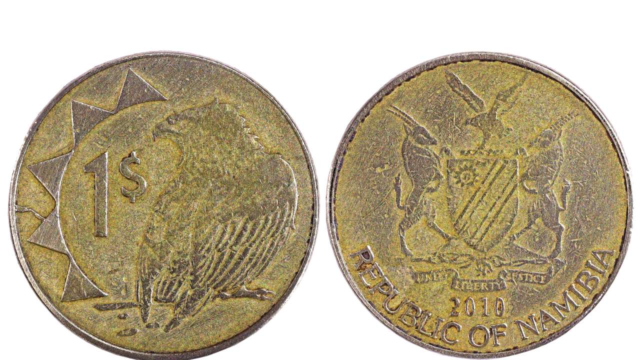 M�nzgeld aus Afrika Ein Namibia-Dollar aus dem Staat Namibia im s�dwestlichen Afrika auf dem auf der Vorderseite ein Gau