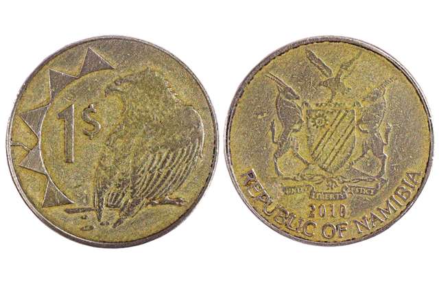 M�nzgeld aus Afrika Ein Namibia-Dollar aus dem Staat Namibia im s�dwestlichen Afrika auf dem auf der Vorderseite ein Gau
