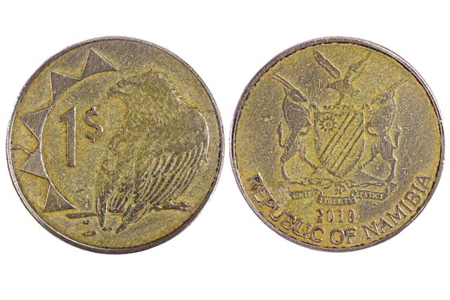 M�nzgeld aus Afrika Ein Namibia-Dollar aus dem Staat Namibia im s�dwestlichen Afrika auf dem auf der Vorderseite ein Gau