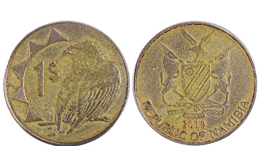 M�nzgeld aus Afrika Ein Namibia-Dollar aus dem Staat Namibia im s�dwestlichen Afrika auf dem auf der Vorderseite ein Gau