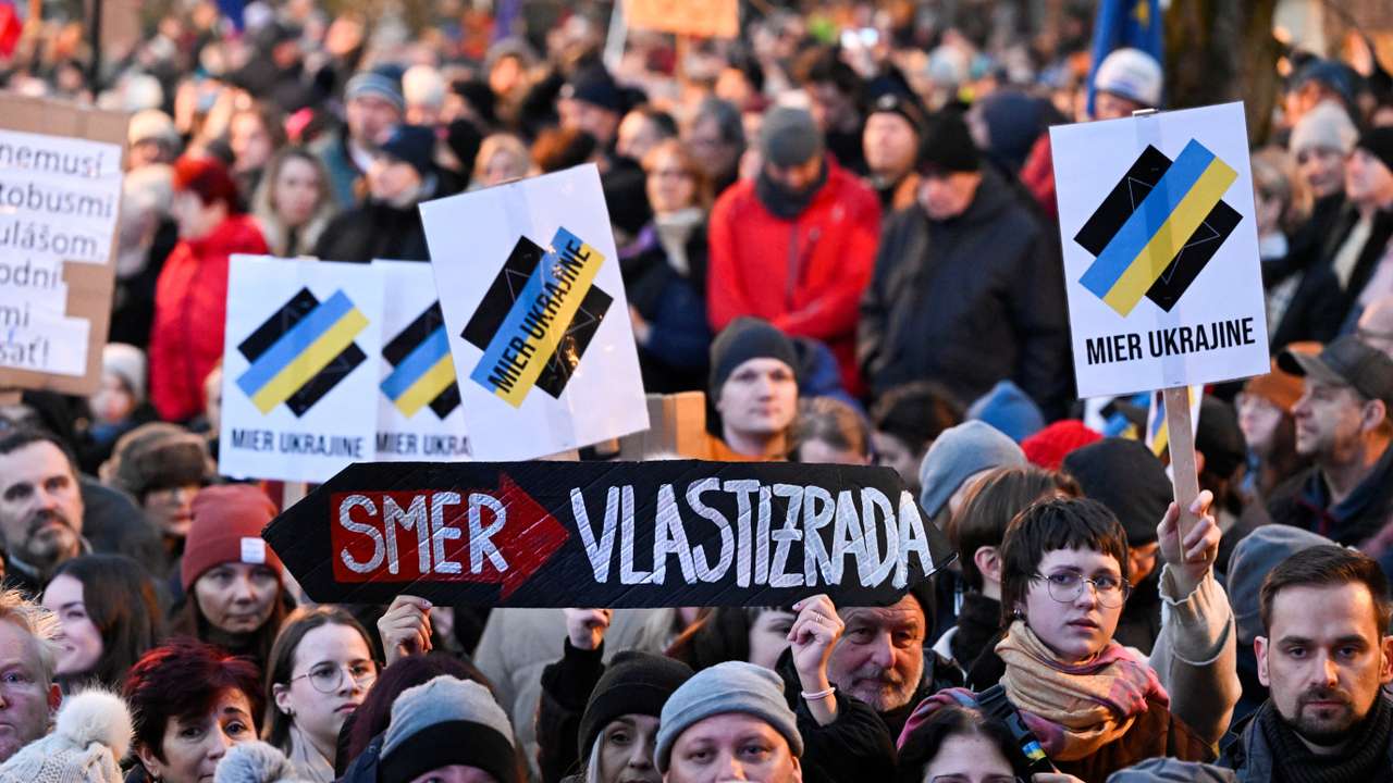 Demonstrators attend an anti-government protest in Bratislava