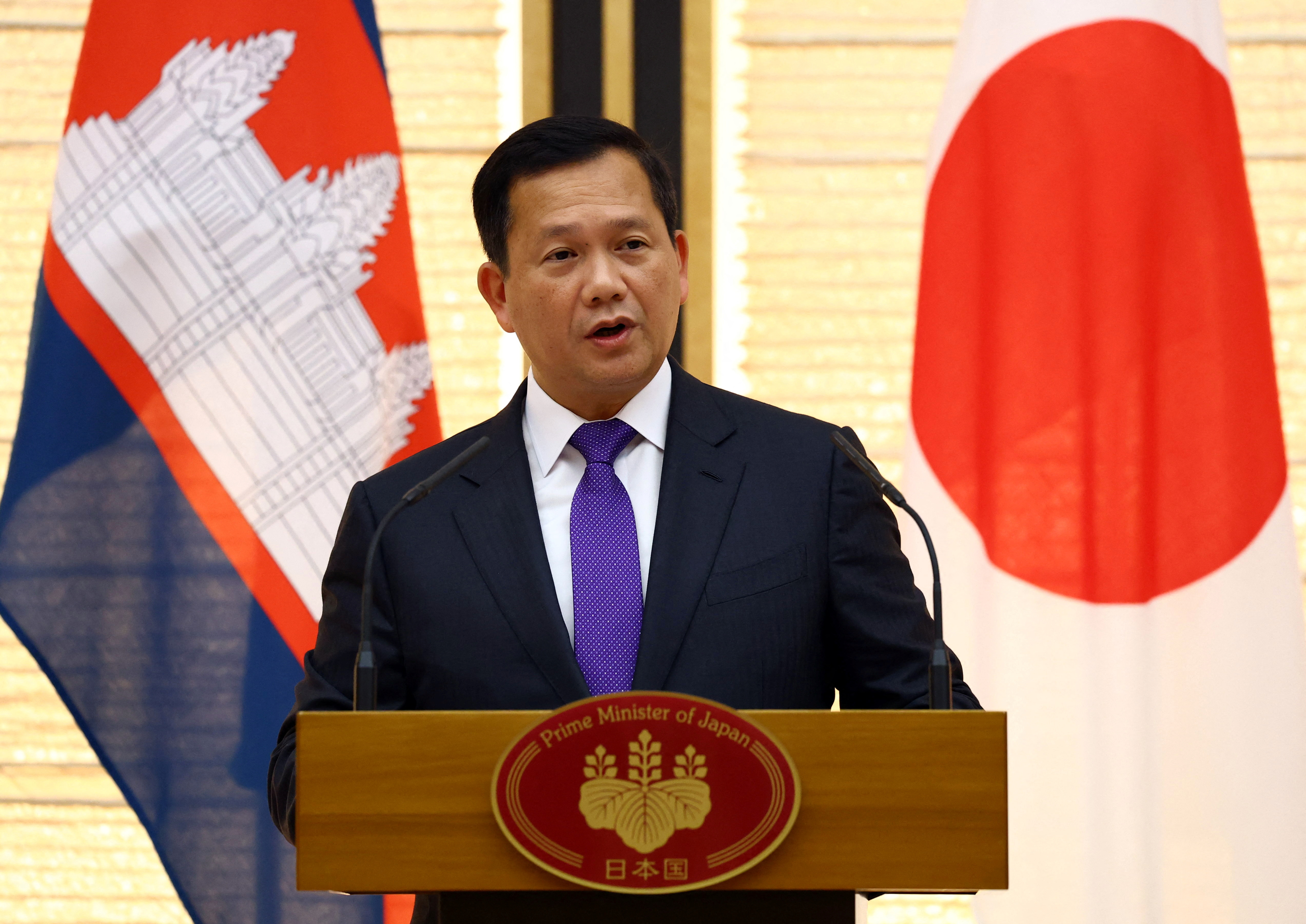 Cambodia's Prime Minister Hun Manet speaks during a joint press conference with Japan's Prime Minister Shigeru Ishiba in Tokyo