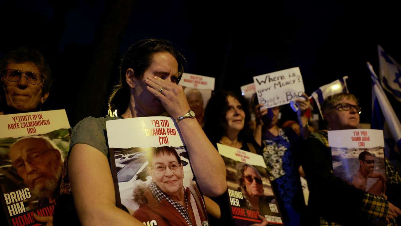 People gather in front of the United Nations Headquarters demanding for action to be taken to return the hostages kidnapped by Hamas, in Jerusalem