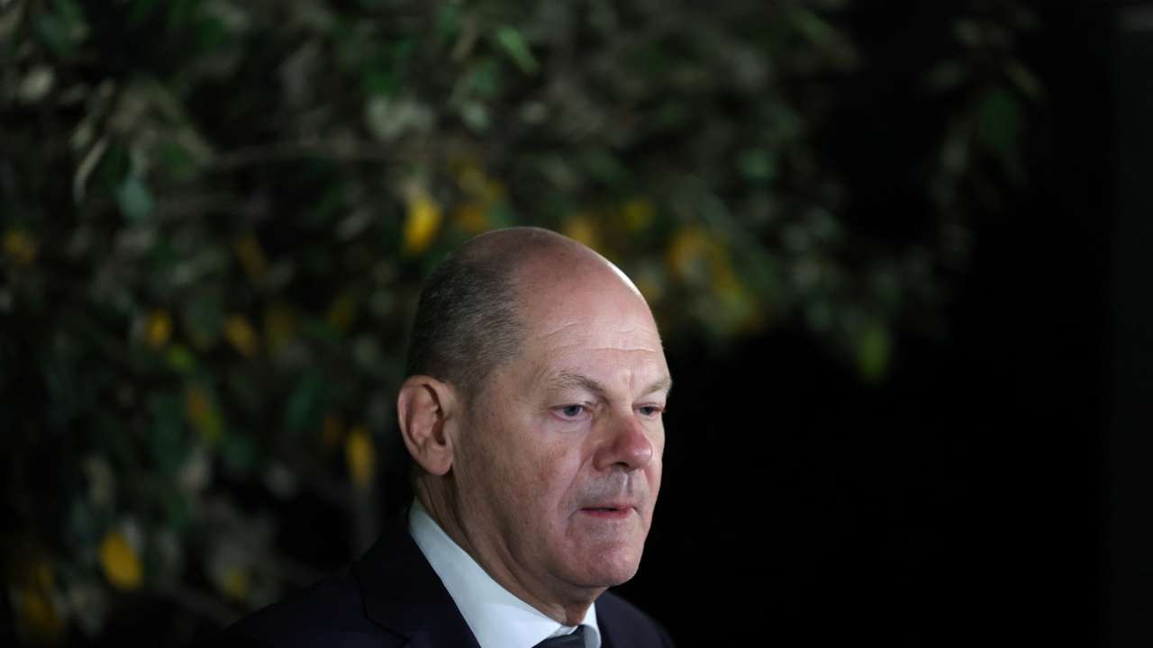German Chancellor Olaf Scholz holds a press conference, in Jerusalem