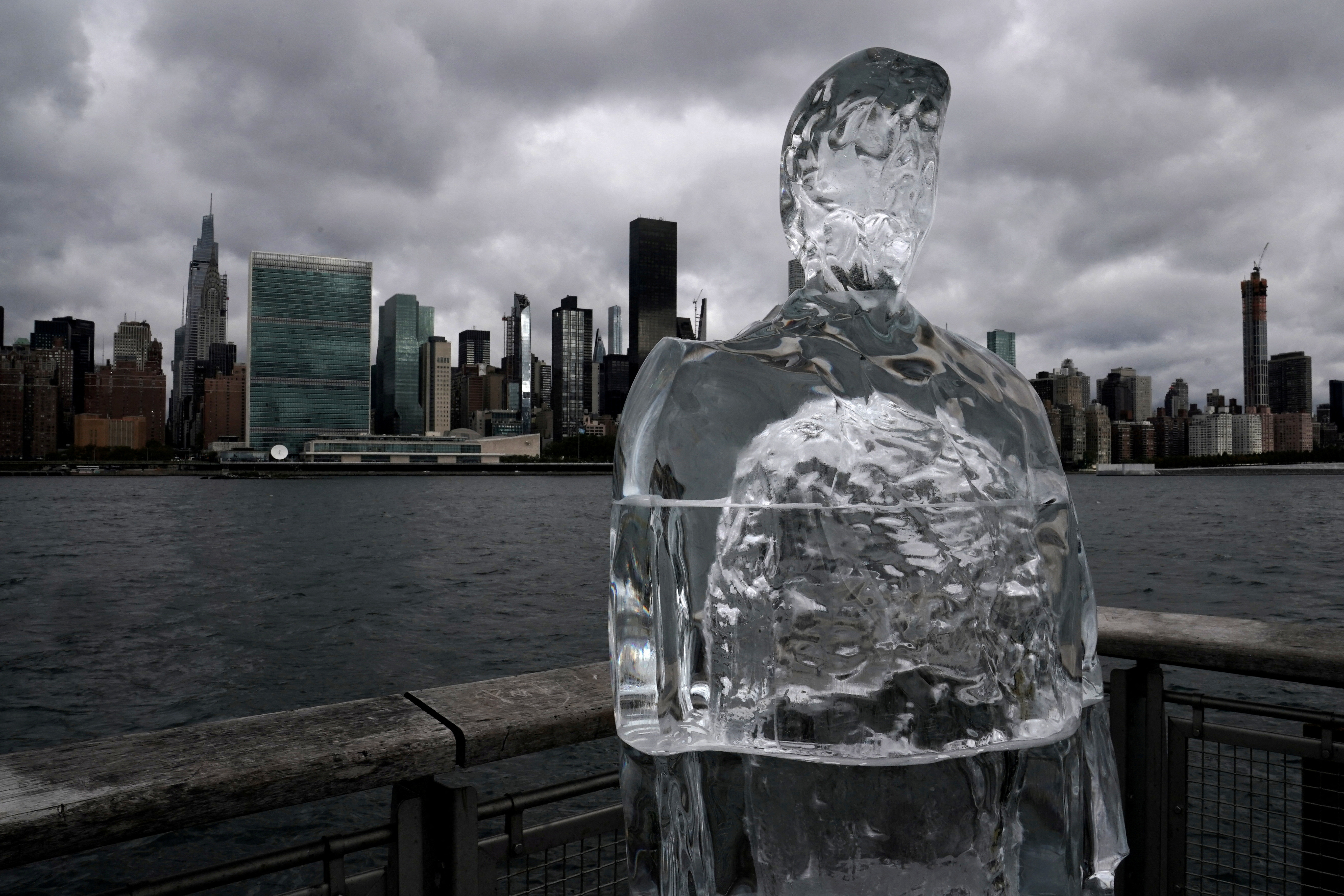 FILE PHOTO: Ice sculpture depicting U.S. President Donald Trump sits across the Hudson River from the United Nations headquarters in the Queens Borough of New York City