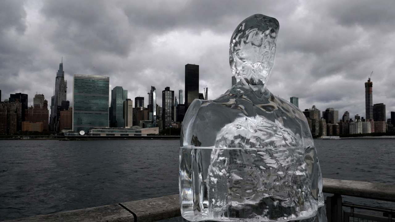 FILE PHOTO: Ice sculpture depicting U.S. President Donald Trump sits across the Hudson River from the United Nations headquarters in the Queens Borough of New York City