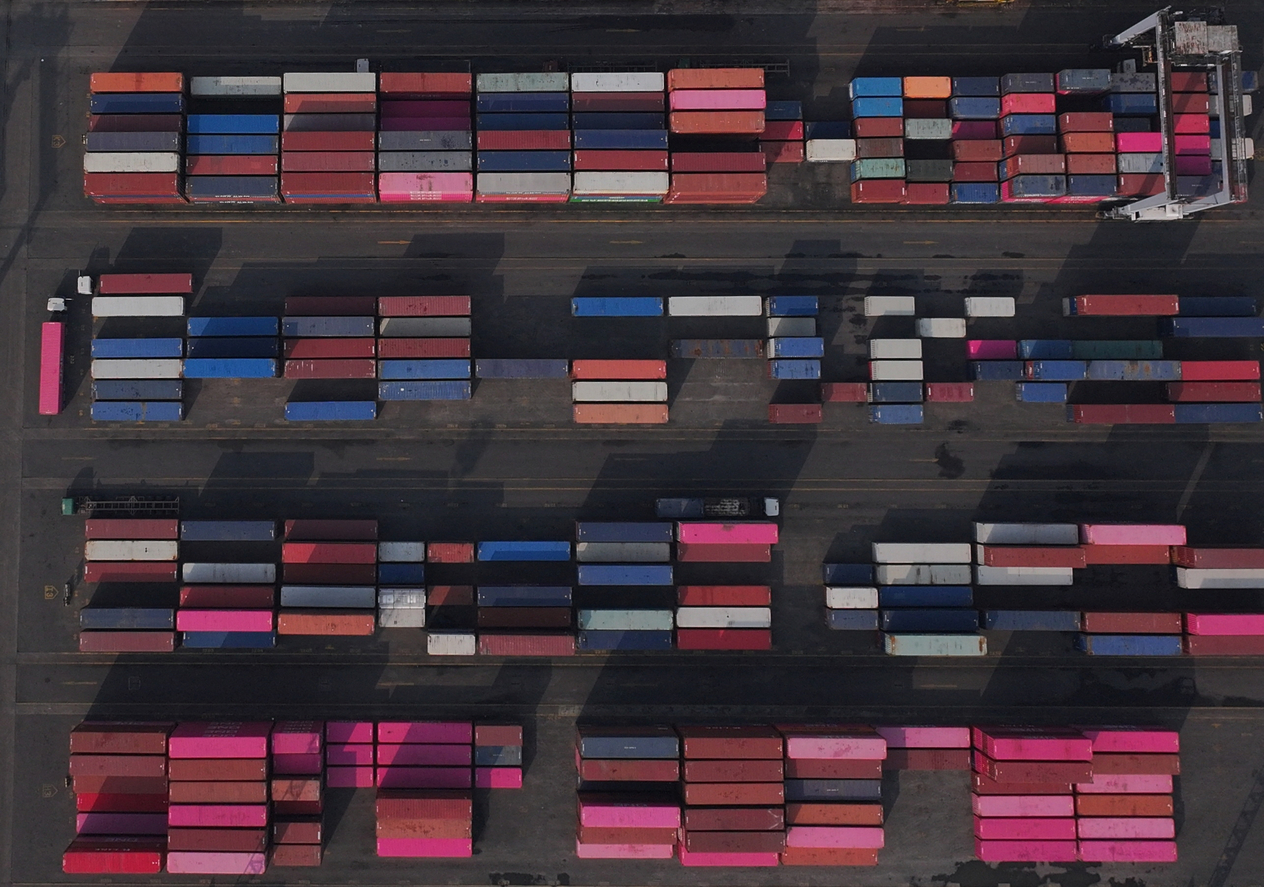 A drone view shows stacks of containers at the Tanjung Priok port in Jakarta