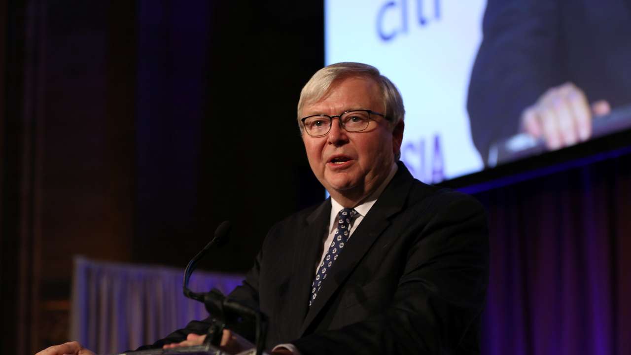 Former Australian Prime Minister and ASPI President Rudd gives a speech during the 2017 Asia Game Changer Awards and Gala Dinner in New York