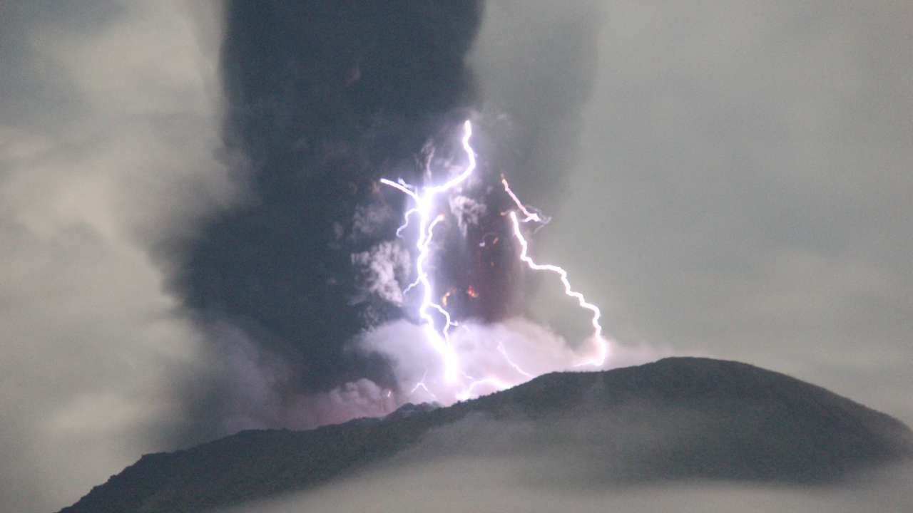 Mount Ibu volcano eruption as seen from Gam Ici in West Halmahera, North Maluku