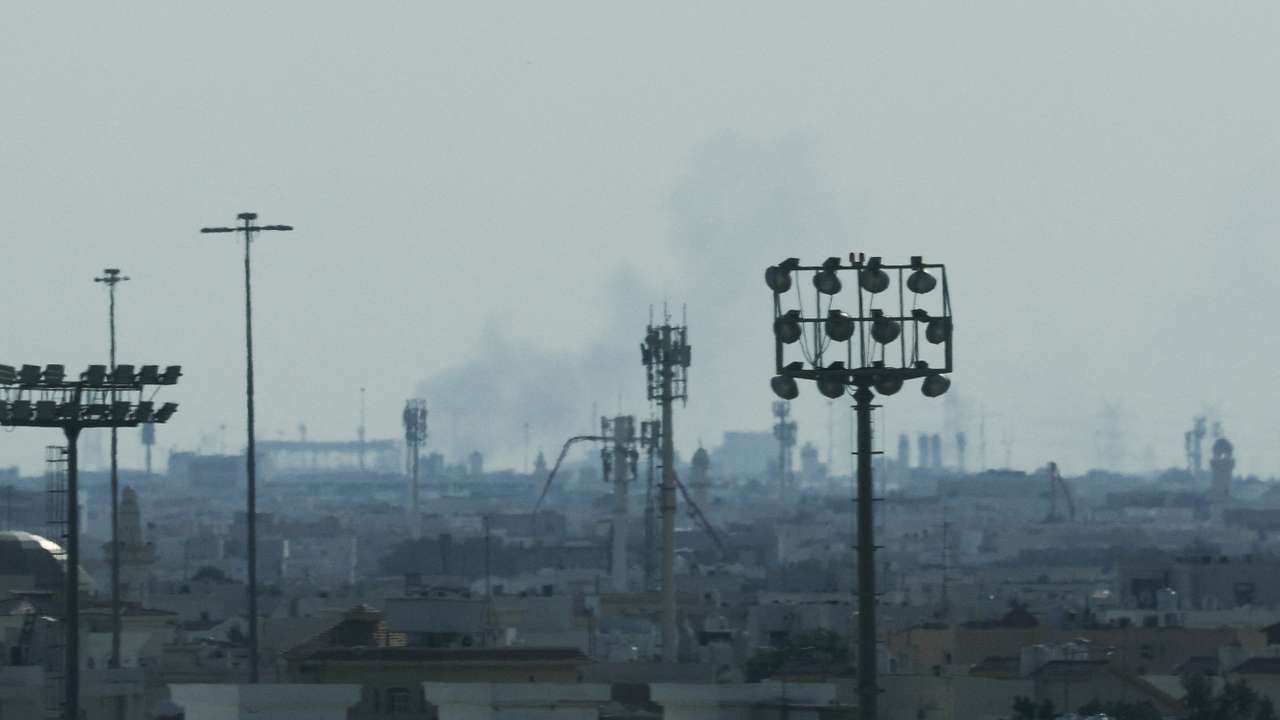 Smoke is left in the sky after reported Iranian missile attacks, following strikes by the United States and Israel against Iran, as seen from Doha