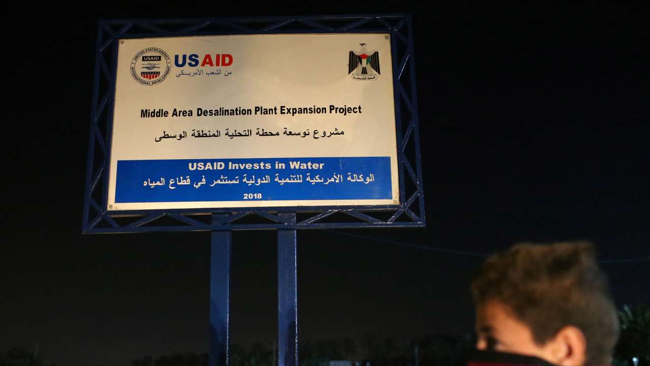 FILE PHOTO: Sign of a USAID project is seen in the central Gaza Strip