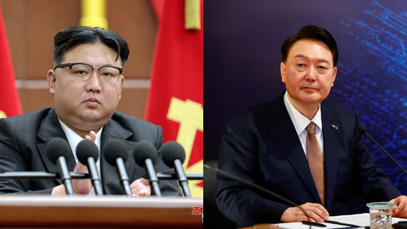North Korean leader Kim Jong Un attends the 8th Plenary Meeting of the 8th Central Committee of the Workers' Party of Korea, in Pyongyang (L) and South Korean President Yoon Suk Yeol visits the Netherlands (R)