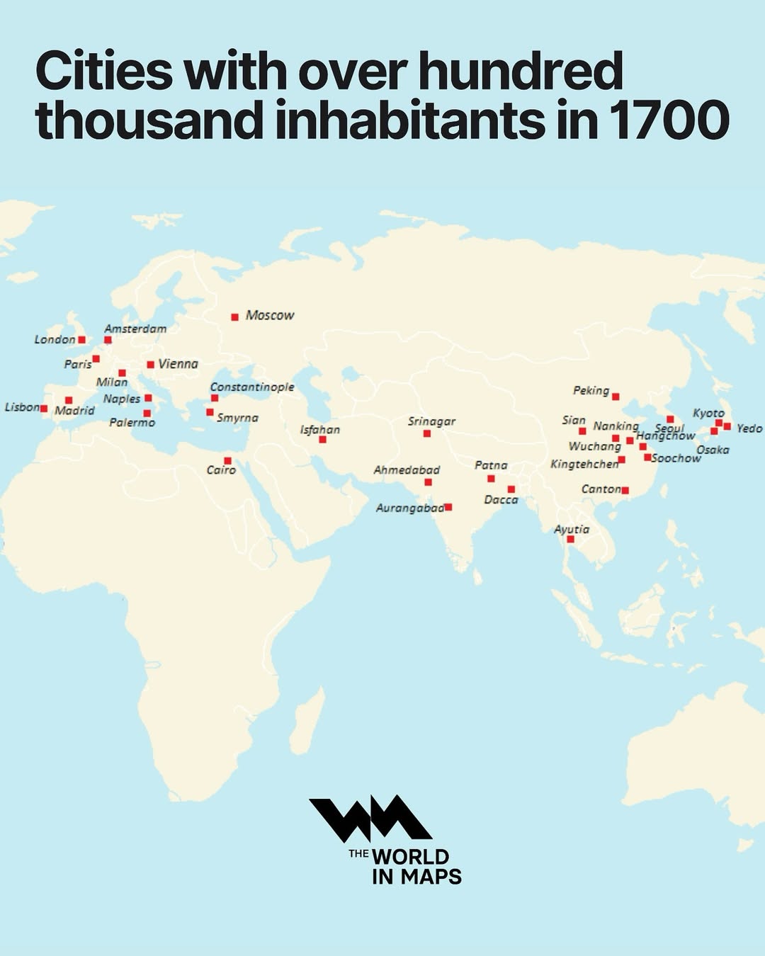 In 1700, only a select group of cities around the world surpassed 100,000 inhabitants. This map 