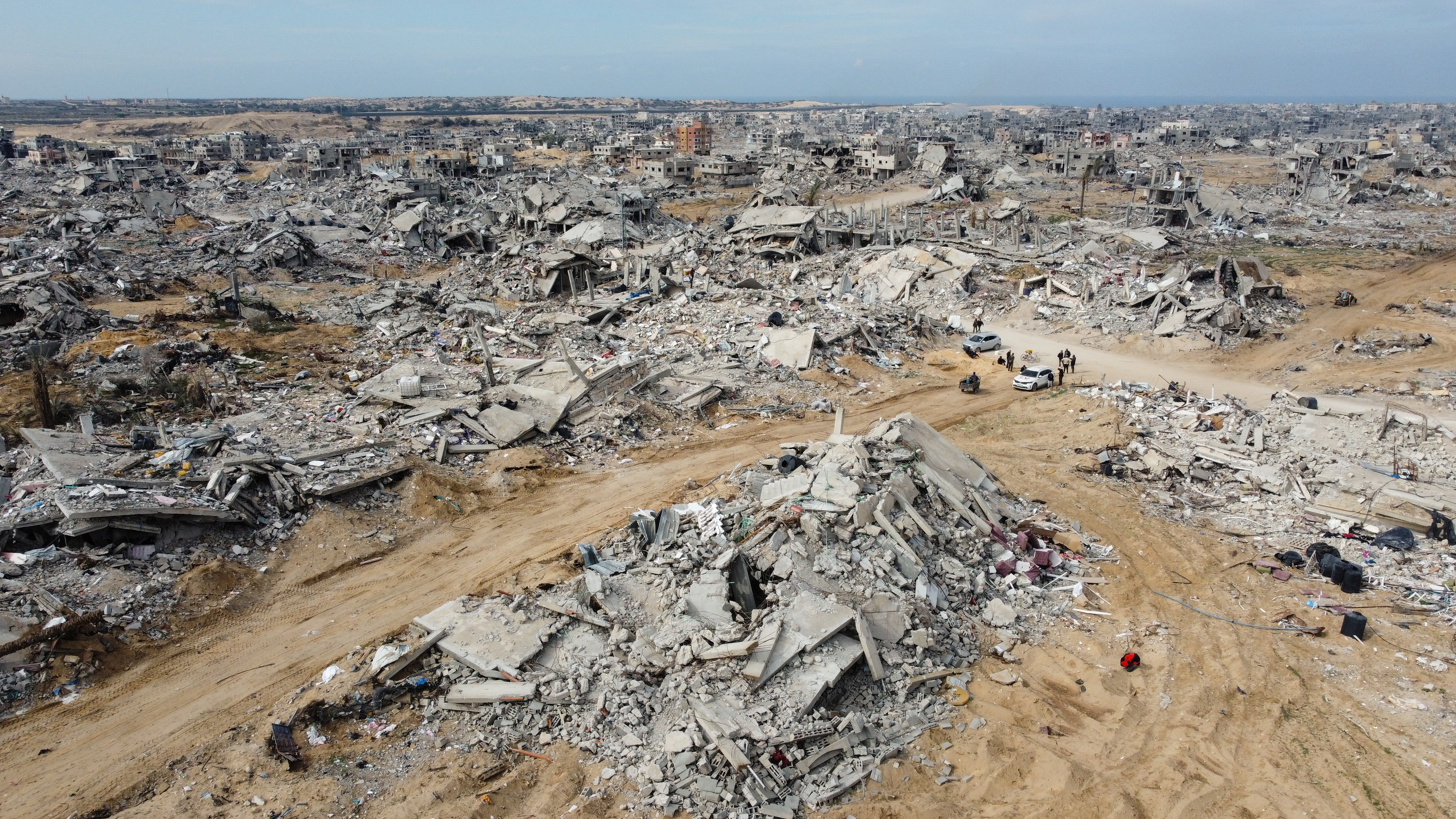 A drone view shows Palestinian houses and buildings lying in ruins, in Rafah
