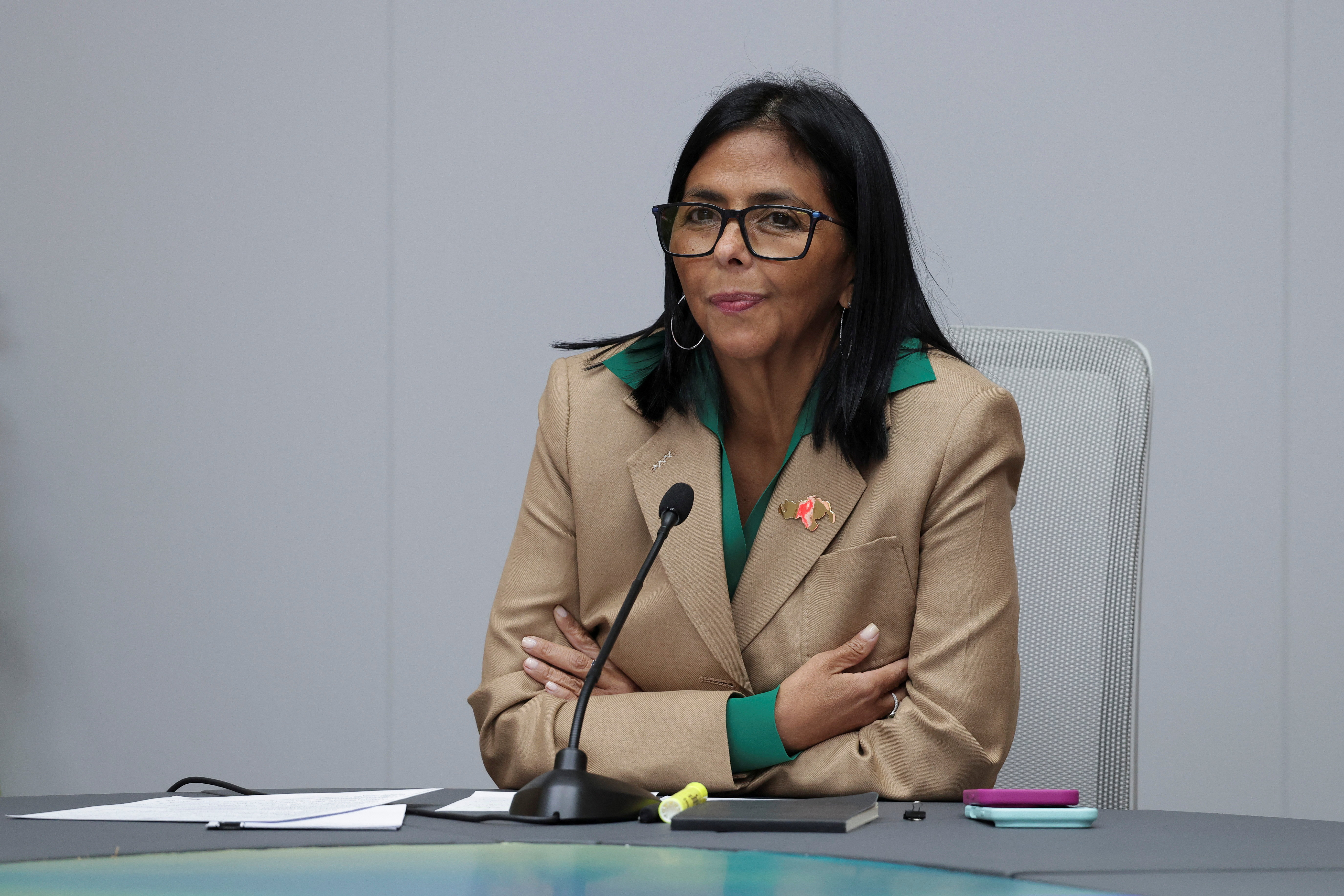 Venezuela's acting President Delcy Rodriguez attends a meeting with Colombia's Defense Minister Pedro Sanchez and Foreign Minister Rosa Villavicencio, in Caracas