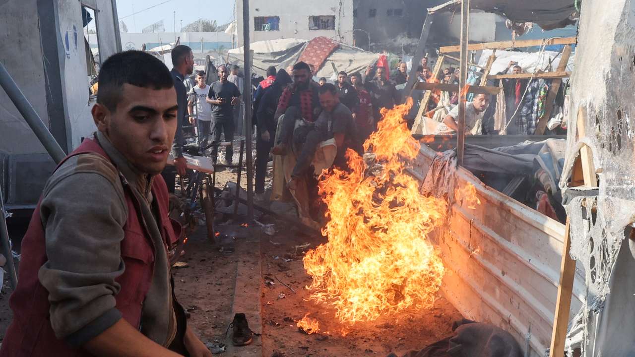 Aftermath of an Israeli strike on a tent housing displaced people, at Al-Aqsa Martyrs Hospital in Deir Al-Balah