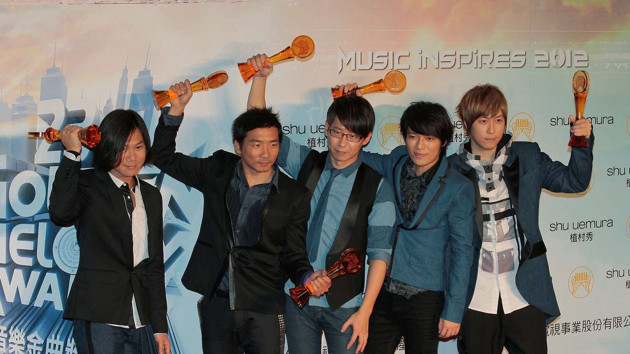 FILE PHOTO: Taiwan pop band Mayday pose after winning the Best Song of The Year, the Best Album Composer, the Best Arranger, the Best Composer, the Best Mandarin Album of the Year and the Best Musical group categories at the 23rd Golden Melody Awards in Ta