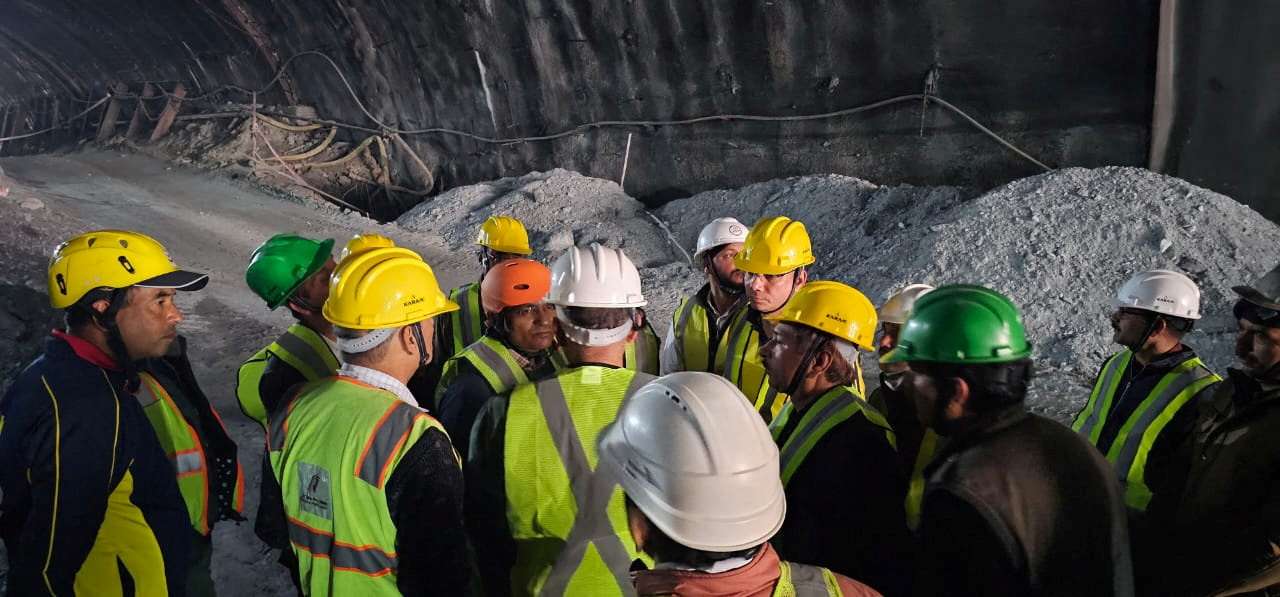 Members of rescue teams are pictured during a rescue operation after a portion of an under-construction tunnel collapsed in Uttarkashi