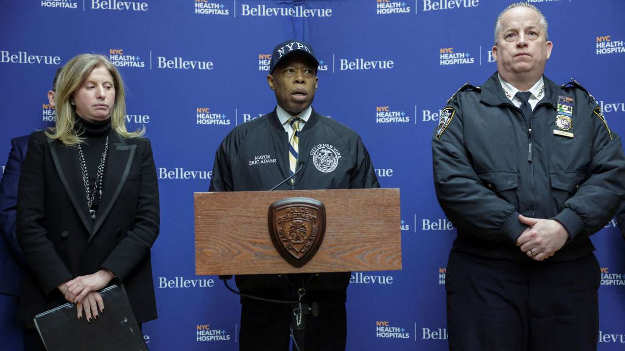 New York City Mayor Eric Adams speaks during a press conference at Bellevue Hospital Center in Manhattan in New York