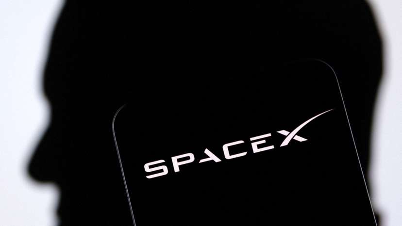 Illustration shows SpaceX logo and Elon Musk silhouette