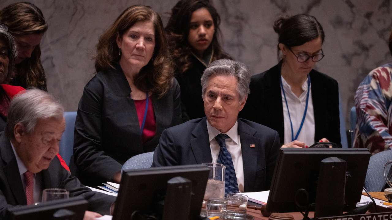 U.S. Secretary of State Antony Blinken speaks during a meeting of the United Nations Security Council on AI at U.N. headquarters in New York