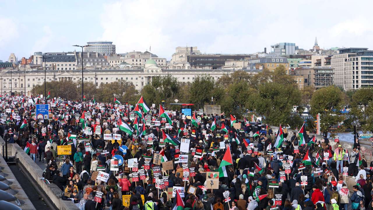 Demonstrators protest in solidarity with Palestinians in Gaza, in London