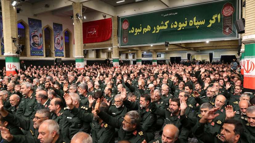 FILE PHOTO: Commanders and members of the Islamic Revolutionary Guard Corps meet with Iran's Supreme Leader Ayatollah Ali Khamenei in Tehran