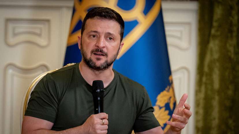 FILE PHOTO: Ukraine's President Zelenskiy speaks to the medina during a press conference in Kyiv