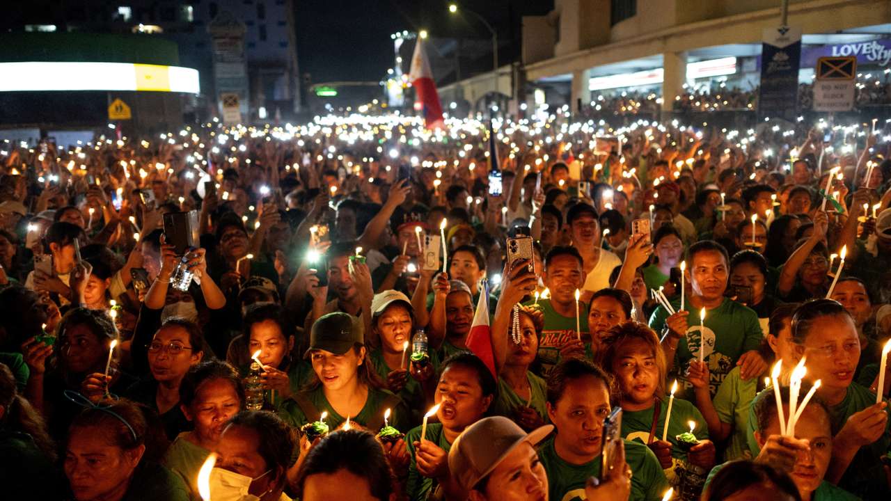 FILE PHOTO: Supporters of the arrested former Philippine President Duterte gather on his 80th birthday in Davao City
