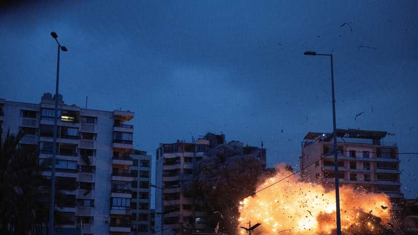 Aftermath of an Israeli strike on a building in the Chiyah district of Beirut's southern suburbs