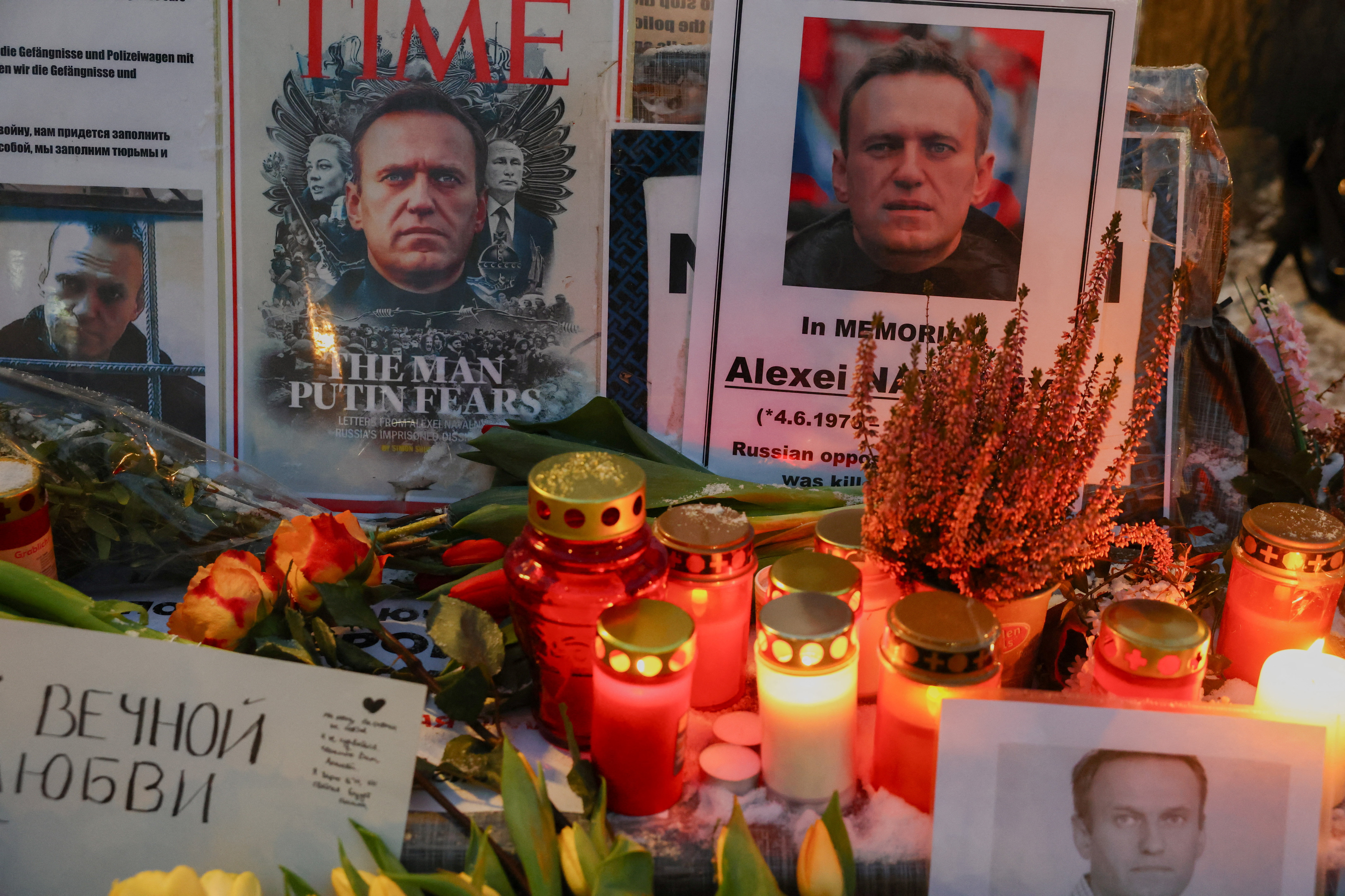 Supporters of late Kremlin critic Alexei Navalny protest outside the Russian Embassy in Berlin