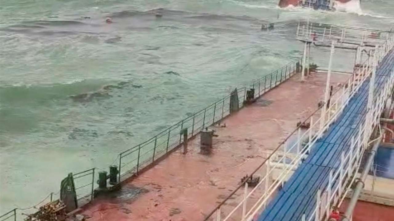 A view shows the sinking part of the vessel, whose damage caused an oil spill, in the Kerch Strait