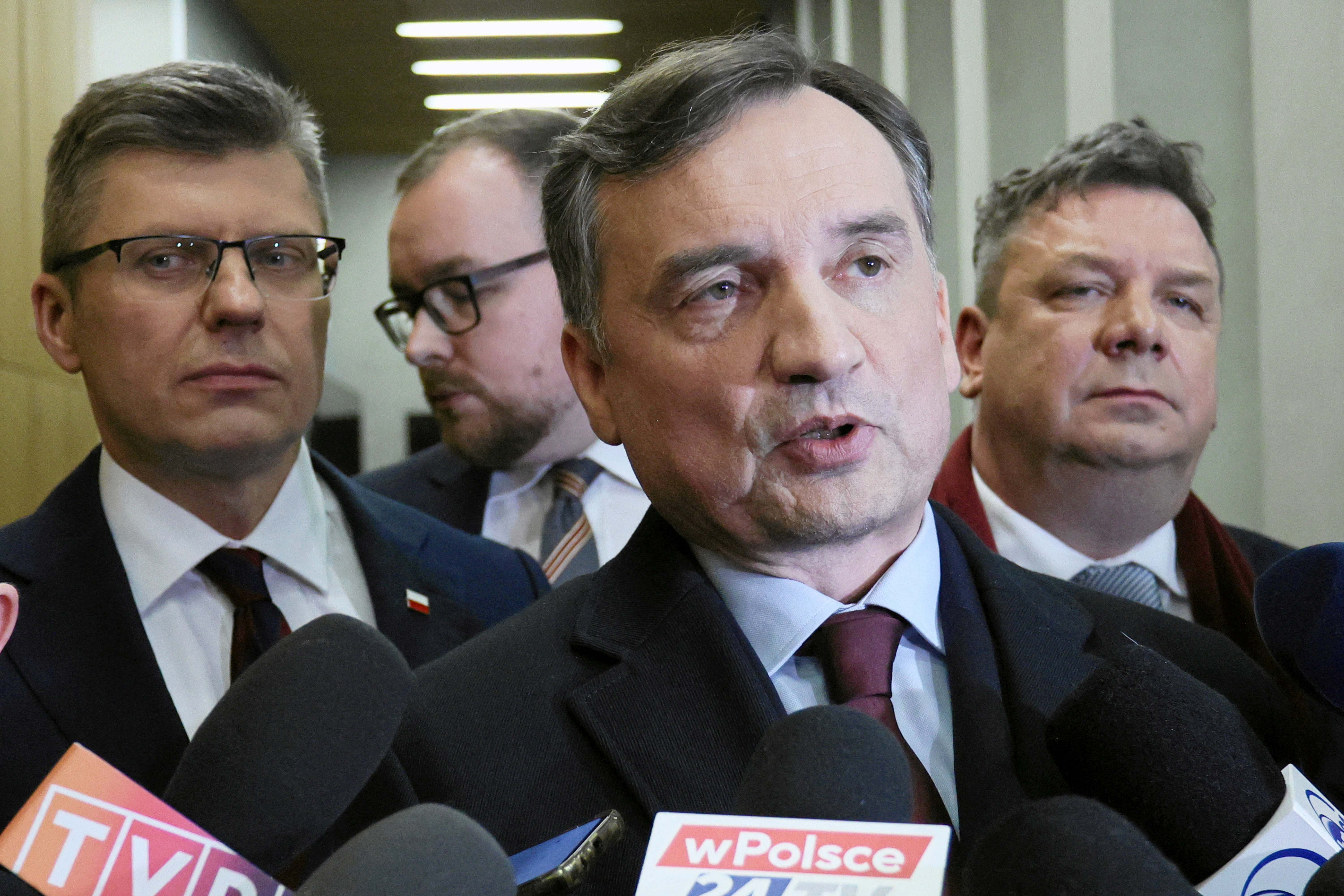 Member of the PiS party and former Poland's Justice Minister Zbigniew Ziobro detained by police to be brought to testify before the Pegasus Investigation Committee, in Warsaw