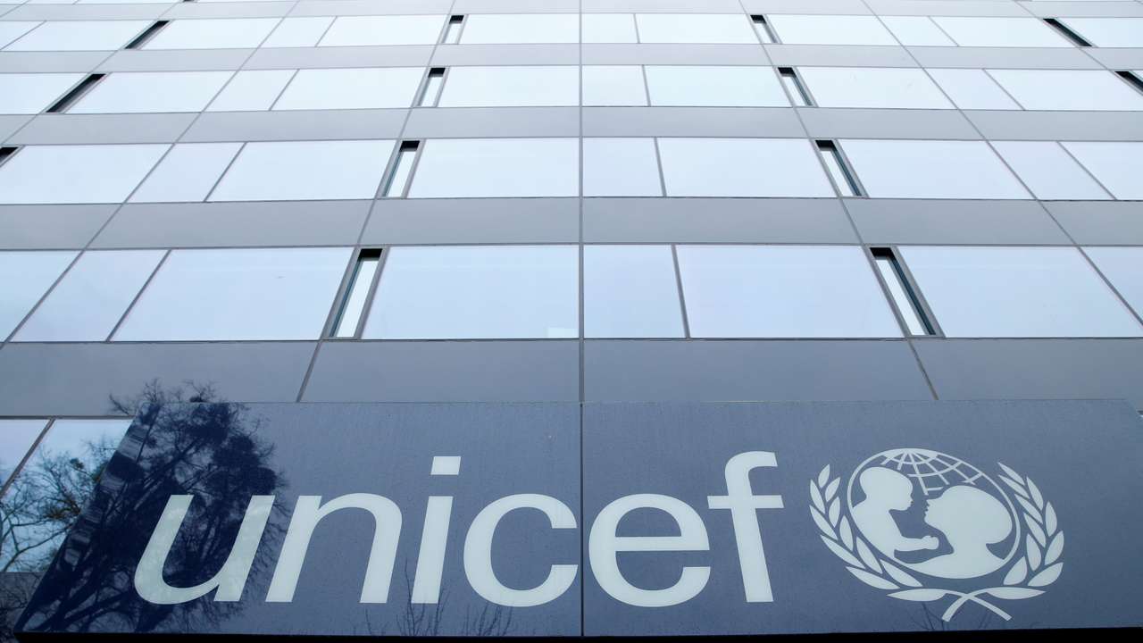 A UNICEF logo is pictured outside their offices in Geneva