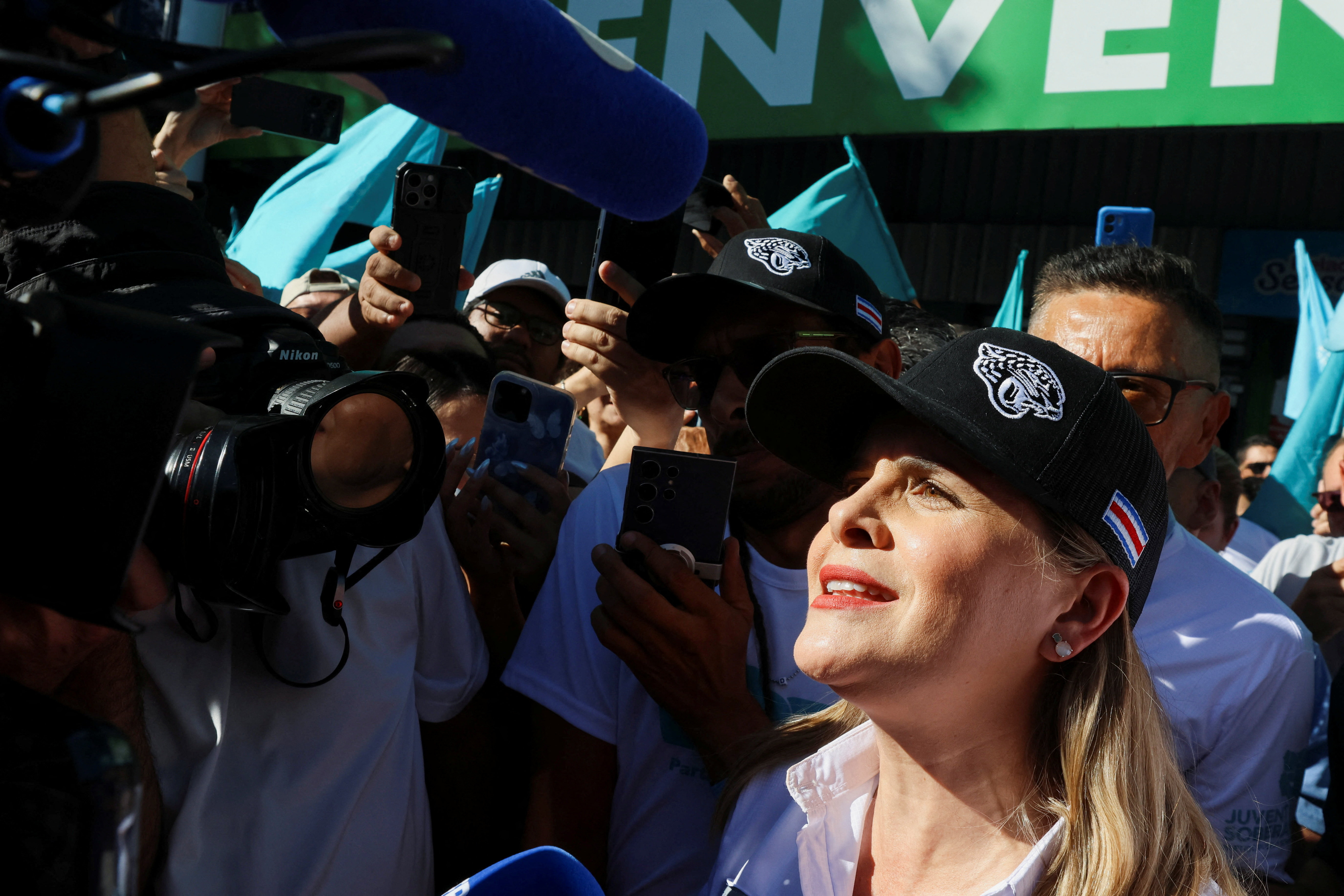Costa Rican presidential candidate Laura Fernandez of the Sovereign People's Party (PPSO), greets supporters during a campaign rally, in San Jose