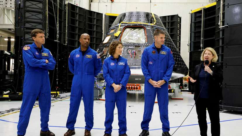 FILE PHOTO: Astronauts for NASA's Artemis II mission, take part in a press conference to discuss progress for their mission around the Moon and back to Earth, at the Kennedy Space Center in Cape Canaveral