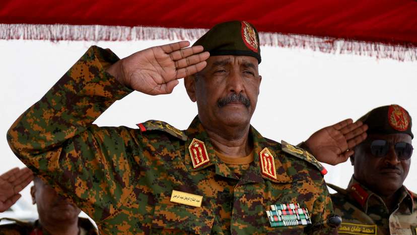 FILE PHOTO: Sudan's military ruler Burhan arrives to the city of Port Sudan on his first trip away following the crisis in Sudan capital Khartoum