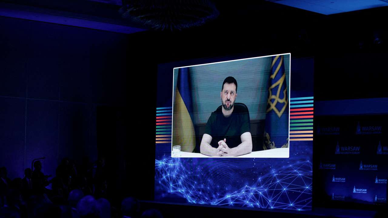 Ukraine's President Volodymyr Zelenskiy appears on-screen as he speaks during the Warsaw Security Forum, in Warsaw